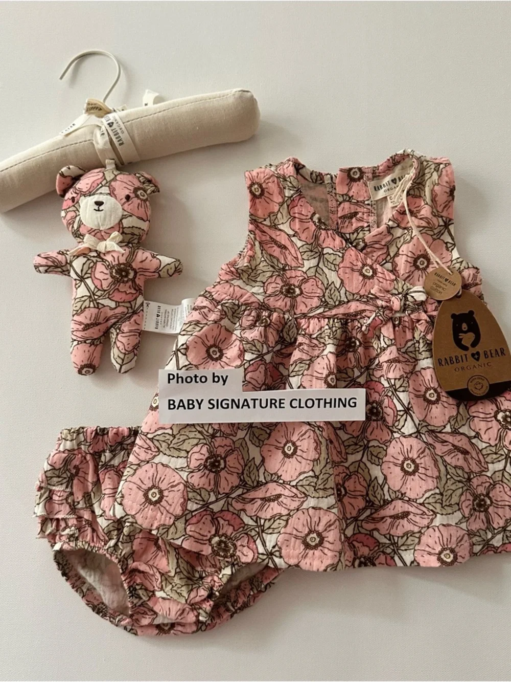Rabbit & Bear 0-3 Months Baby Girl Organic Pink Floral Dress Set Toy Outfit NWT